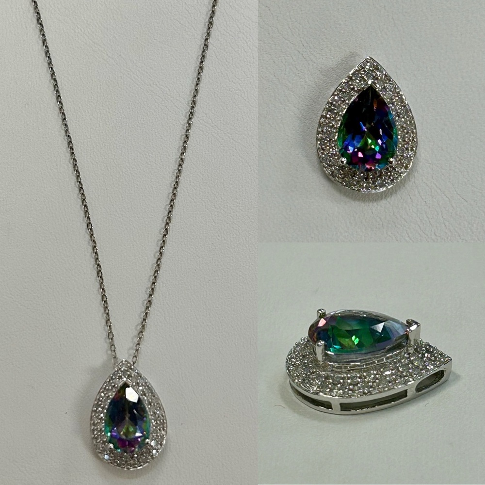 10k 10 karat white gold, mystic topaz, and diamond teardrop pendant necklace